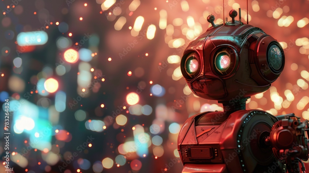 Poster A futuristic red robot with glowing green eyes standing in front of a city. Suitable for technology and sci-fi concepts