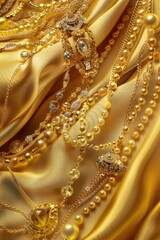 Gold jewelry displayed on a luxurious cloth, perfect for fashion or luxury concept