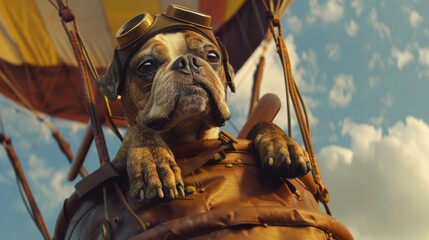 A surreal scene depicting a pilot-dog wearing a leather outfit and a helmet standing on top of a hot air balloon in mid-air. - 783264847