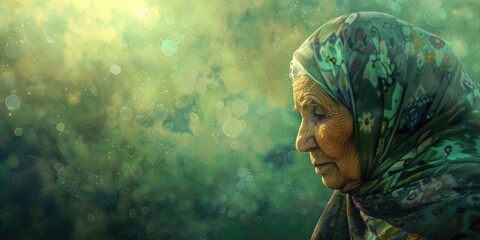 An old woman wearing traditional headscarf and scarf, suitable for cultural and elderly themes - obrazy, fototapety, plakaty
