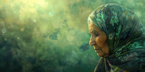 Poster An old woman wearing traditional headscarf and scarf, suitable for cultural and elderly themes © Fotograf
