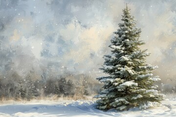 Fototapeta na wymiar A beautiful painting of a snow covered pine tree. Ideal for winter-themed designs