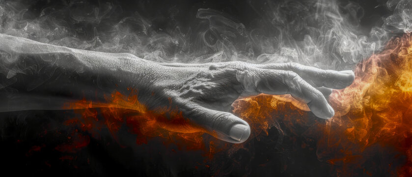 A hand is reaching out to another hand, with a fire in the background