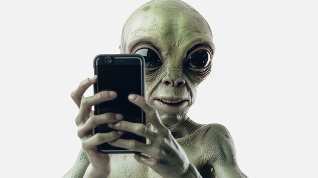 An alien holding up a cell phone to capture a moment. Great for technology and sci-fi concepts