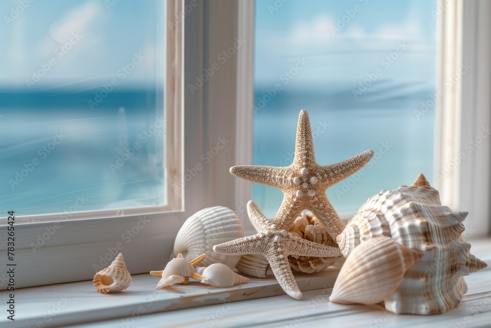 Poster seashells and starfish displayed on a window sill. ideal for beach-themed decorations