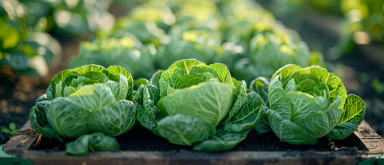 Three rows of green lettuce are growing in a garden - obrazy, fototapety, plakaty