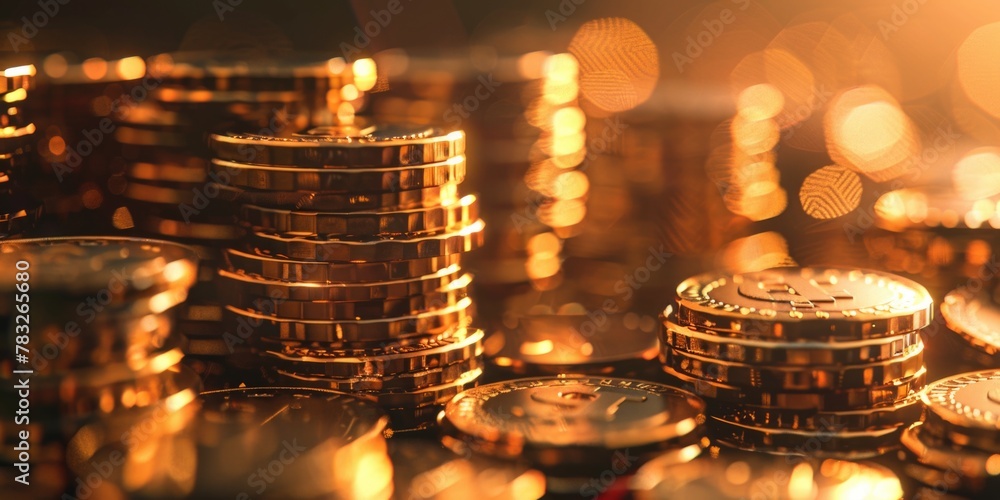 Poster a pile of coins on a table, perfect for finance concepts