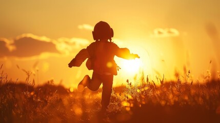 Pilot child is energetically running through a field bathed in the warm light of the setting sun. The vibrant colors of the sky contrast beautifully with the green grass as the child joyfully moves