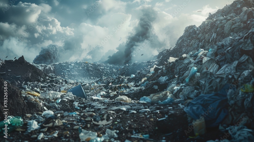 Poster a large pile of garbage on a mountain, suitable for environmental concepts