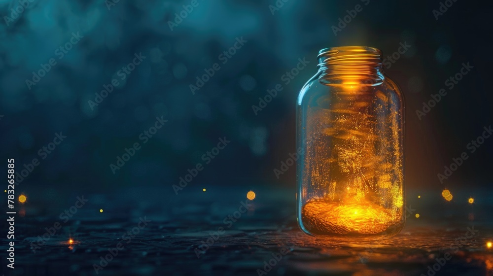 Poster a glass jar filled with glowing fireflies on a table. perfect for adding a magical touch to your des