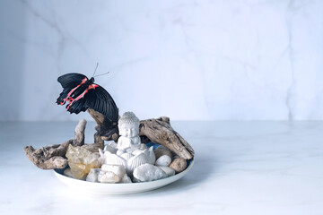 Buddha figurine, tropical butterfly and crystals in plate on table, light background. Relax time,...