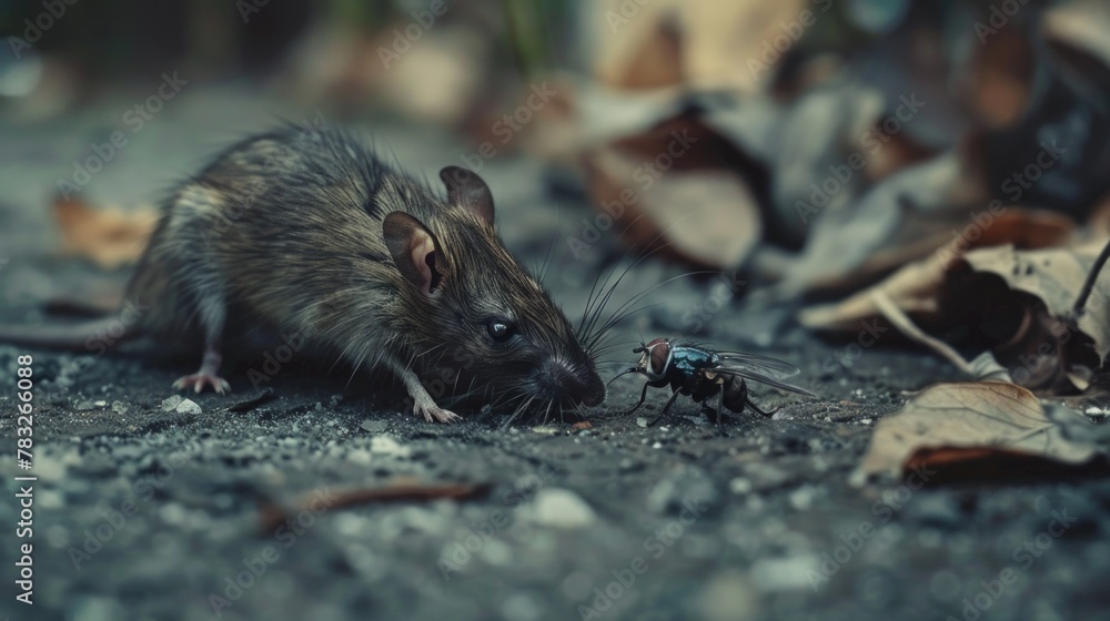 Poster A mouse and a fly on the ground. Suitable for nature and animal themes