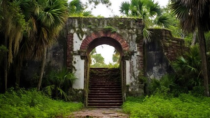 Fort tower entrance obscured by overgrowth - obrazy, fototapety, plakaty