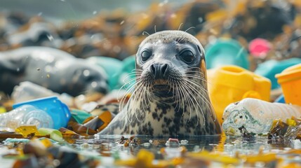 A seal swimming in polluted waters, suitable for environmental concepts - obrazy, fototapety, plakaty