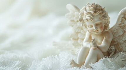 Fototapeta na wymiar A peaceful angel statue sitting on a white blanket, suitable for various design projects