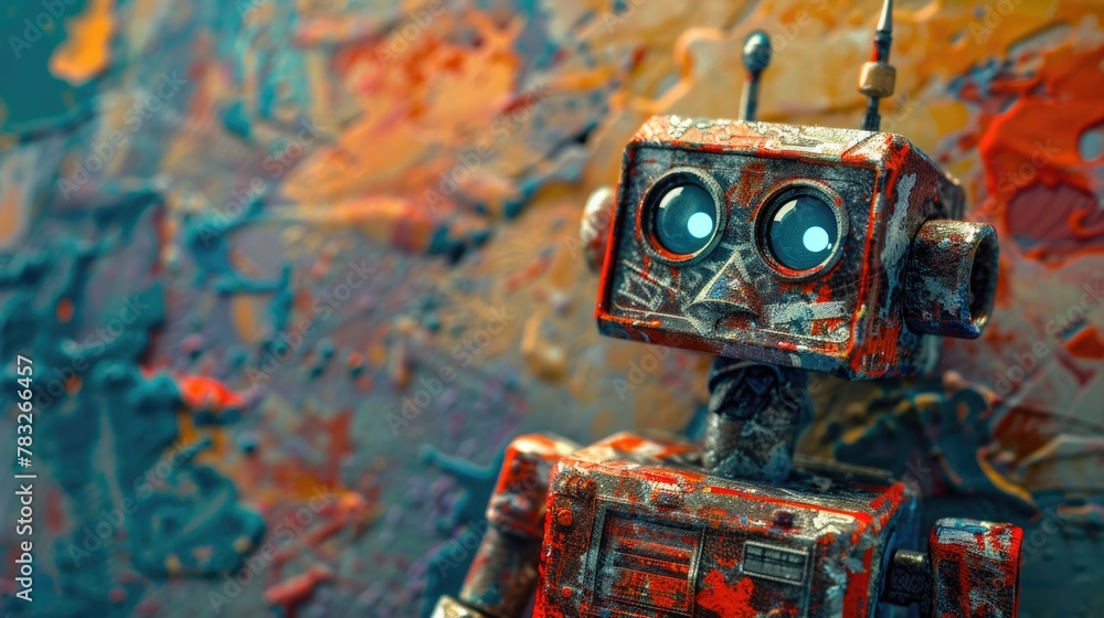 Poster Small robot sitting in front of a colorful wall, suitable for technology concepts