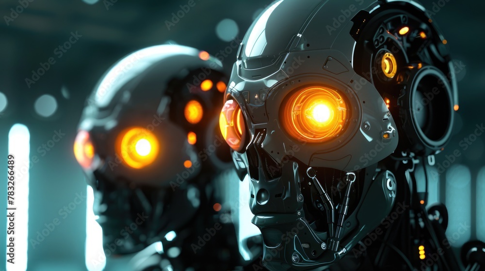 Poster two robots with glowing eyes, perfect for technology concept