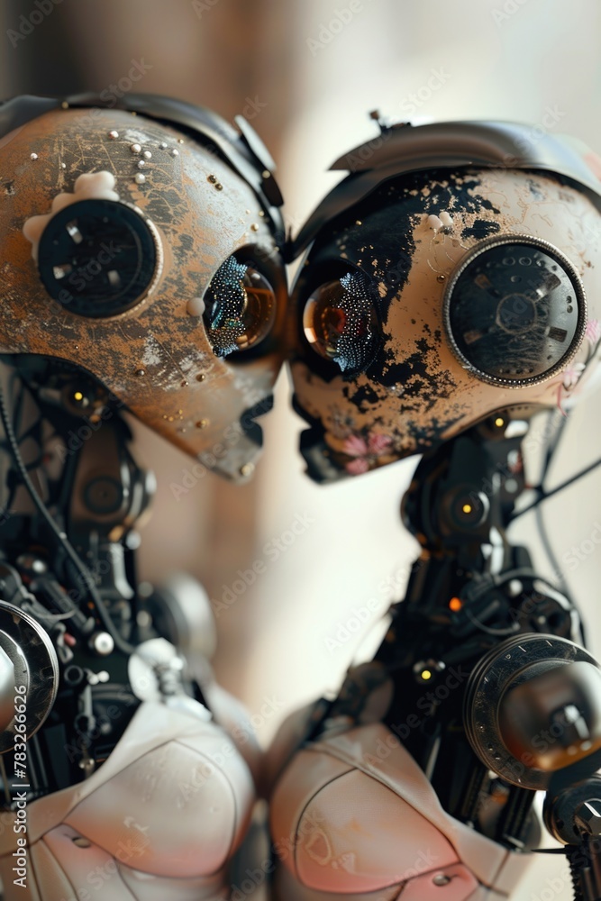 Poster Detailed view of two robot heads, suitable for technology concepts