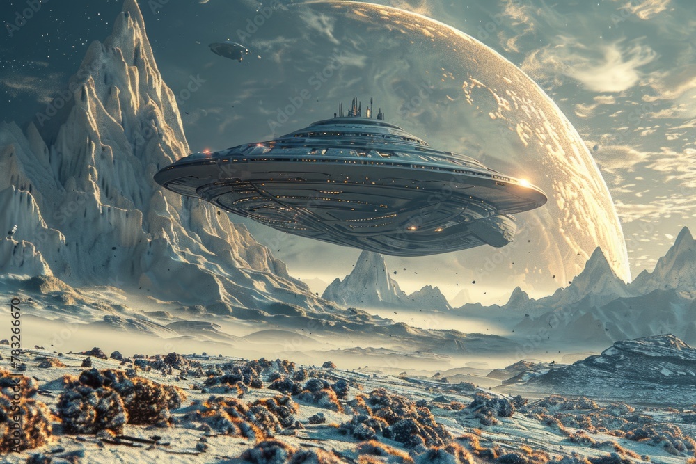 Poster a spaceship soaring above a snowy terrain, suitable for sci-fi themes
