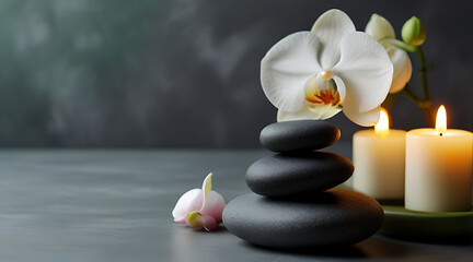 Fototapeta na wymiar Zen stones, candles and white orchid flower on green and grey background with copy space, massage, spa and body care concept, flower