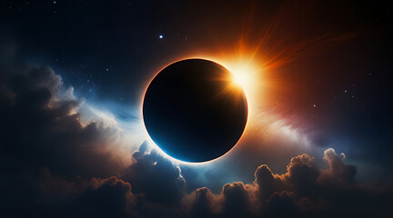 Total eclipse with lots of stars and space dust in background, sun ring