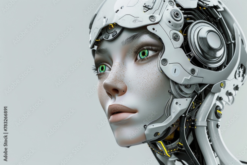 Poster close up shot of a robot's head with glowing green eyes. suitable for technology and futuristic conc