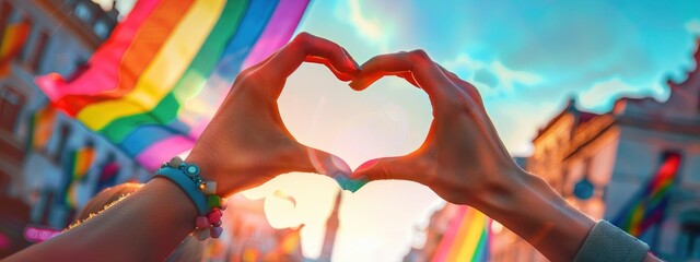 hands making a heart shape with a rainbow flag waving in the background during a pride parade celebration, love and diversity concept - obrazy, fototapety, plakaty