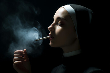 Generative AI picture of monastery sister nun praying God religious holiday smoking cigarette