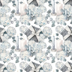 Hydrangea flowers, envelopes and candles. Floral seamless pattern. For packaging, wrapping paper, card and decoration.