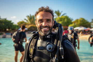 AI generated picture of happy scuba diver looking at camera at beach