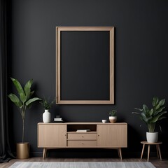 Mockup frame on cabinet in living room interior on empty dark wall background.