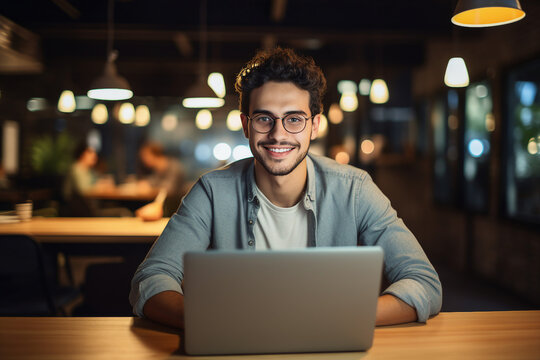 Generative AI photo of smiling person working as a tutor from cafe distance lesson