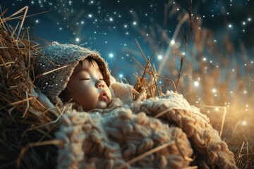 A peaceful image of a baby sleeping in a cozy pile of hay. Perfect for family and lifestyle themes