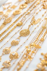 A bunch of gold necklaces on a table, ideal for jewelry store promotions