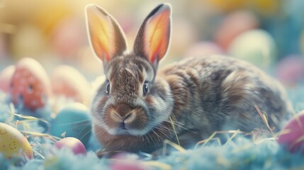 Fototapeta na wymiar A cute rabbit sitting among colorful Easter eggs. Perfect for Easter-themed designs