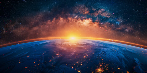 Fototapeta premium Majestic Sunrise Over Earth From Space With Starry Sky Background