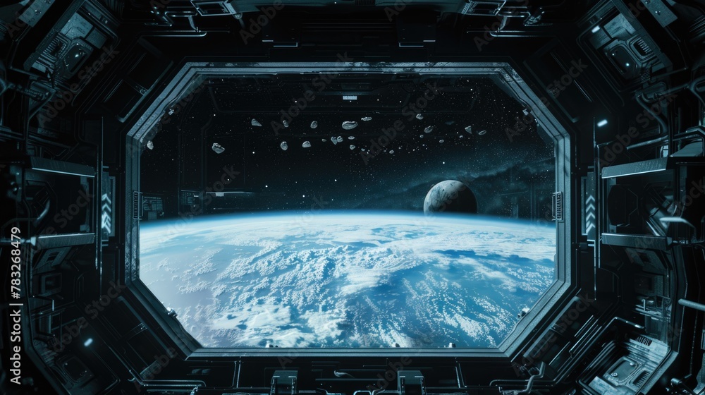 Poster A breathtaking view of Earth from a space station. Suitable for science and technology concepts