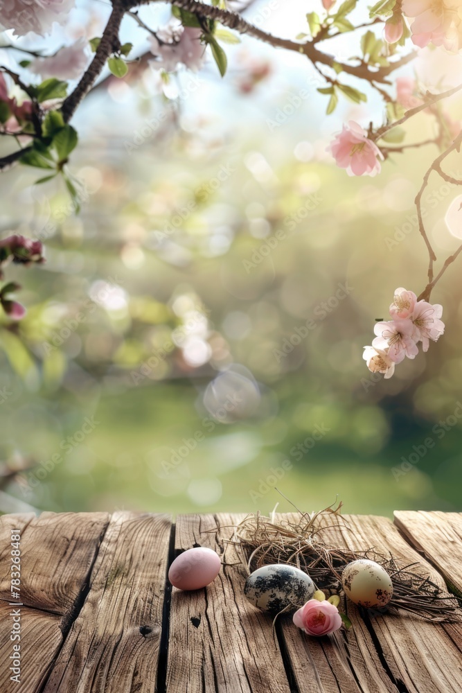 Poster Fresh eggs and colorful flowers arranged on a rustic wooden table. Suitable for farm-to-table concept