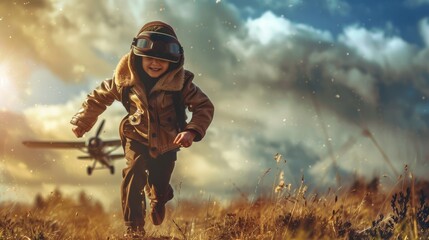 Young boy in Airplane pilot suit cloth, glasses and helmet in motion, running through a vast field, with a plane visible in the background. The boy is dressed as an air force pilot, creating a surreal - Powered by Adobe