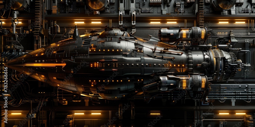 Poster A futuristic spaceship is displayed in a dark room. Perfect for sci-fi concepts