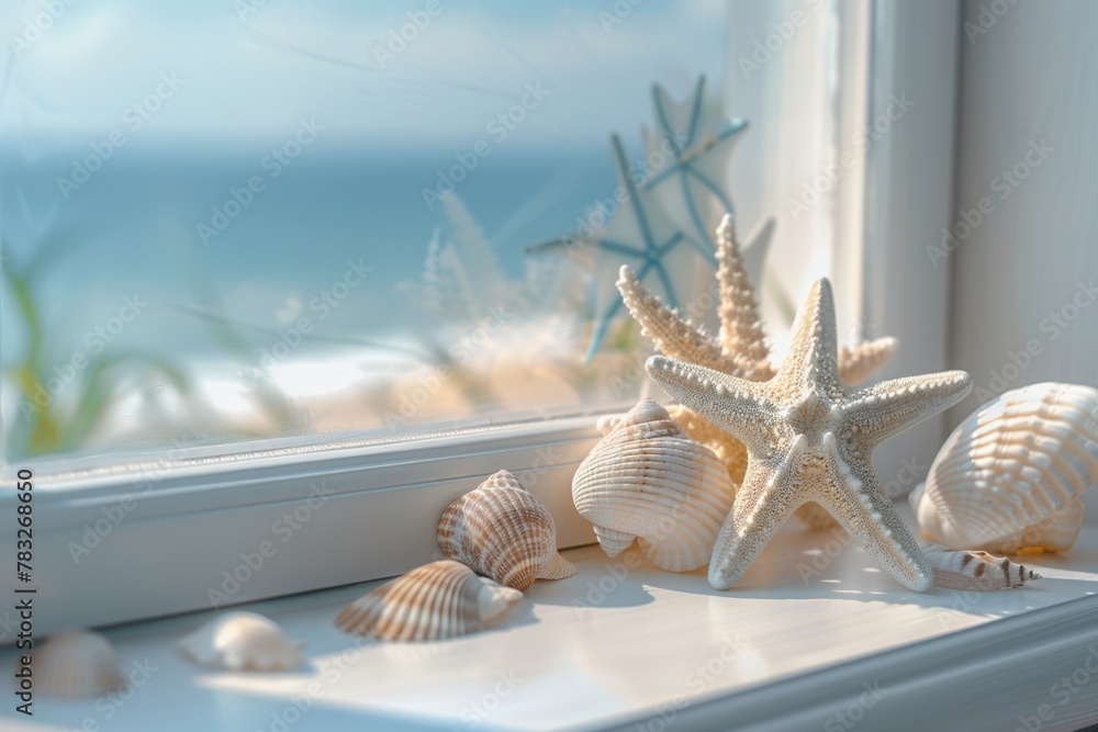 Poster seashells and starfish displayed on a window sill. perfect for coastal-themed designs