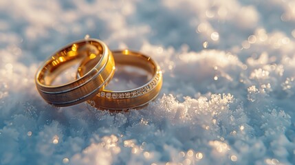 Obraz na płótnie Canvas Two beautiful gold wedding rings placed on snowy surface. Perfect for winter wedding concepts