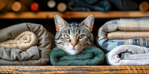 Cozy Tabby Cat Resting in a Warm Wardrobe Among Knitted Clothing