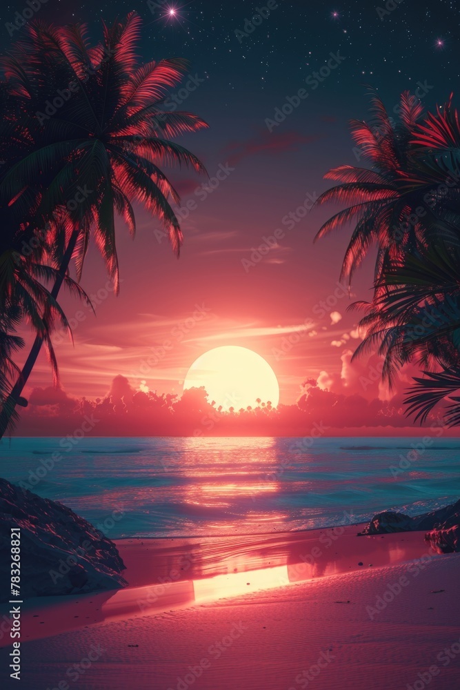 Poster a beautiful sunset scene with palm trees in the foreground. perfect for travel and vacation concepts