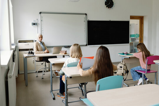 Modern classroom school year friends studying desks