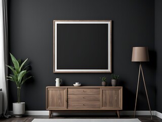 Mockup frame on cabinet in living room interior on empty dark wall background.