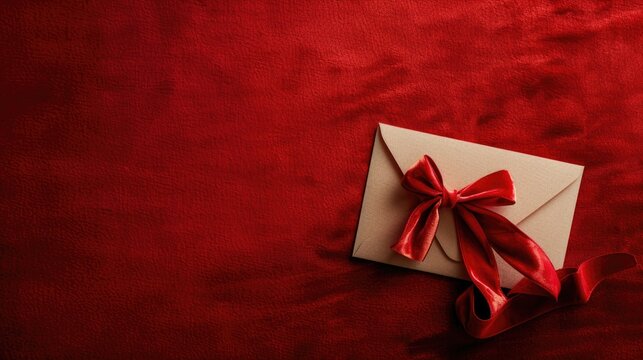 A white envelope with a red bow on a vibrant red background. Perfect for holiday greetings