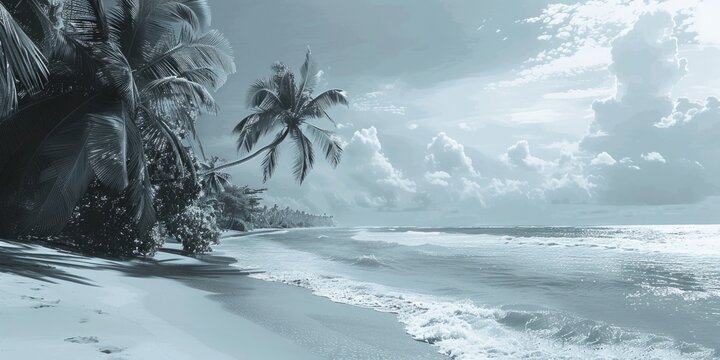 A serene black and white image of palm trees on a sandy beach. Suitable for travel brochures or relaxation themed designs