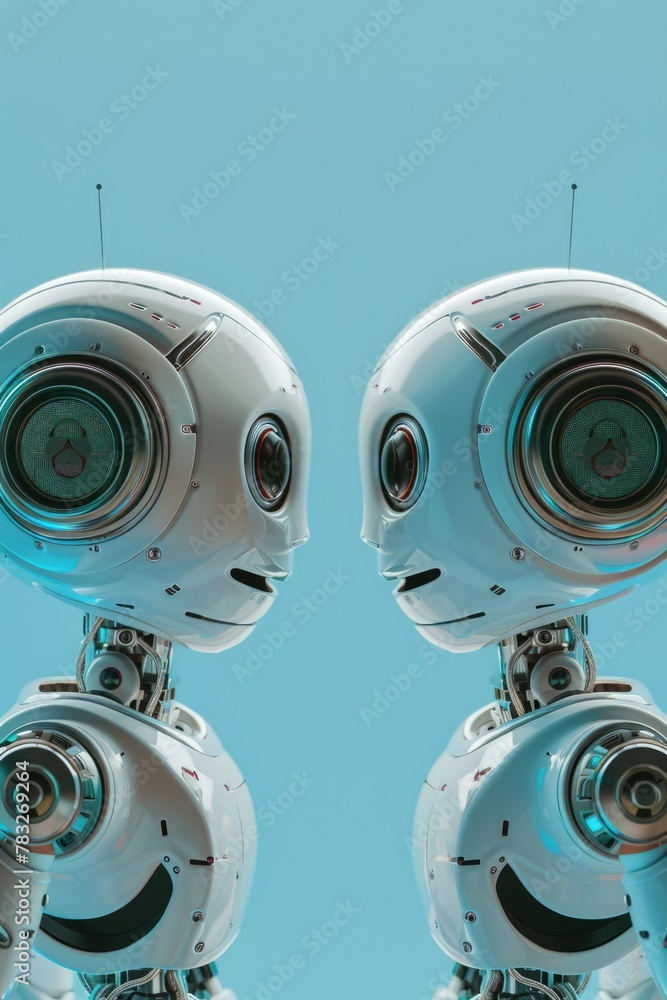 Poster Two white robots in a confrontation. Suitable for technology and artificial intelligence concepts