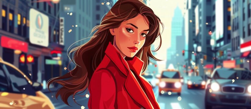 Woman wearing red coat walks casually along the street on a sunny day, blending into urban surroundings